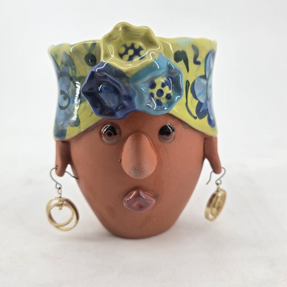Vtg Whimsical Bird Brain 2005 Terra Cotta Lady Turban Planter Pot Head Green